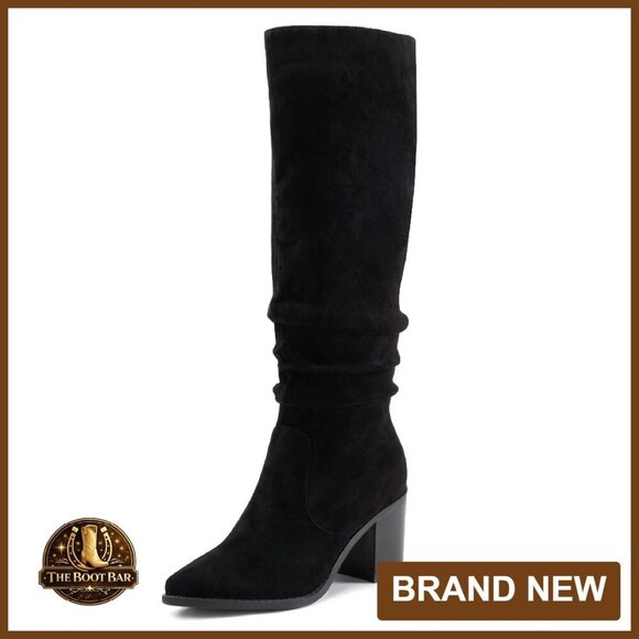 Knee High Chunky Heel Boots Faux Suede Pointed Toe Side Zipper